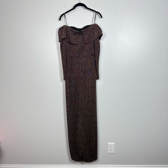 ALEX Evenings Metallic Off the Shoulder Knit Sheath Gown Copper - Picture 3 of 8
